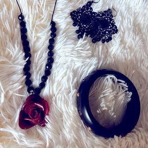 Bundle of 3 Pieces of Jewelry. Rose Necklace. Bracelet. Earrings. Black.